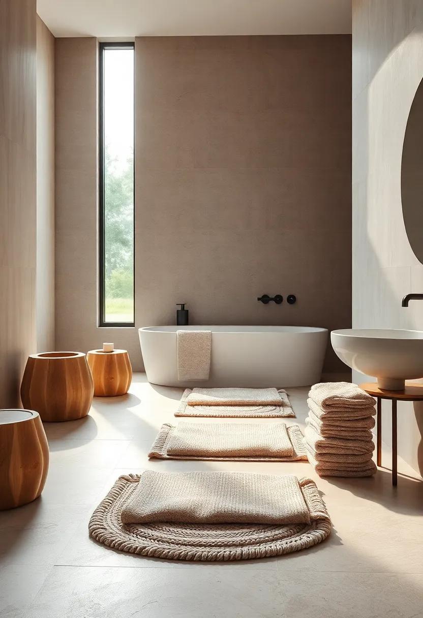 Natural Fiber Bath Mats and Towels Arranged Neatly Under Warm Light Flowing Through Windows