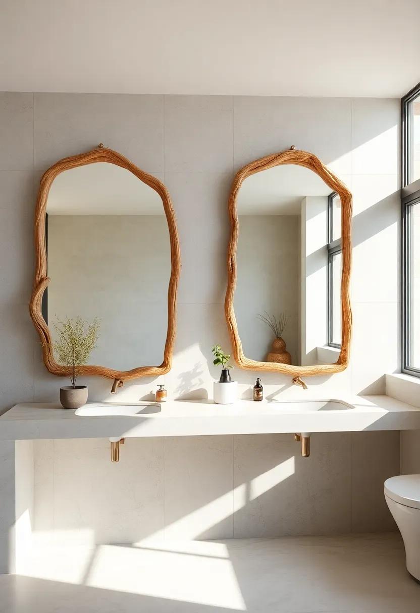 Serene Bathroom Mirrors Framed with Driftwood, Reflecting Calm and Bright Exterior Views