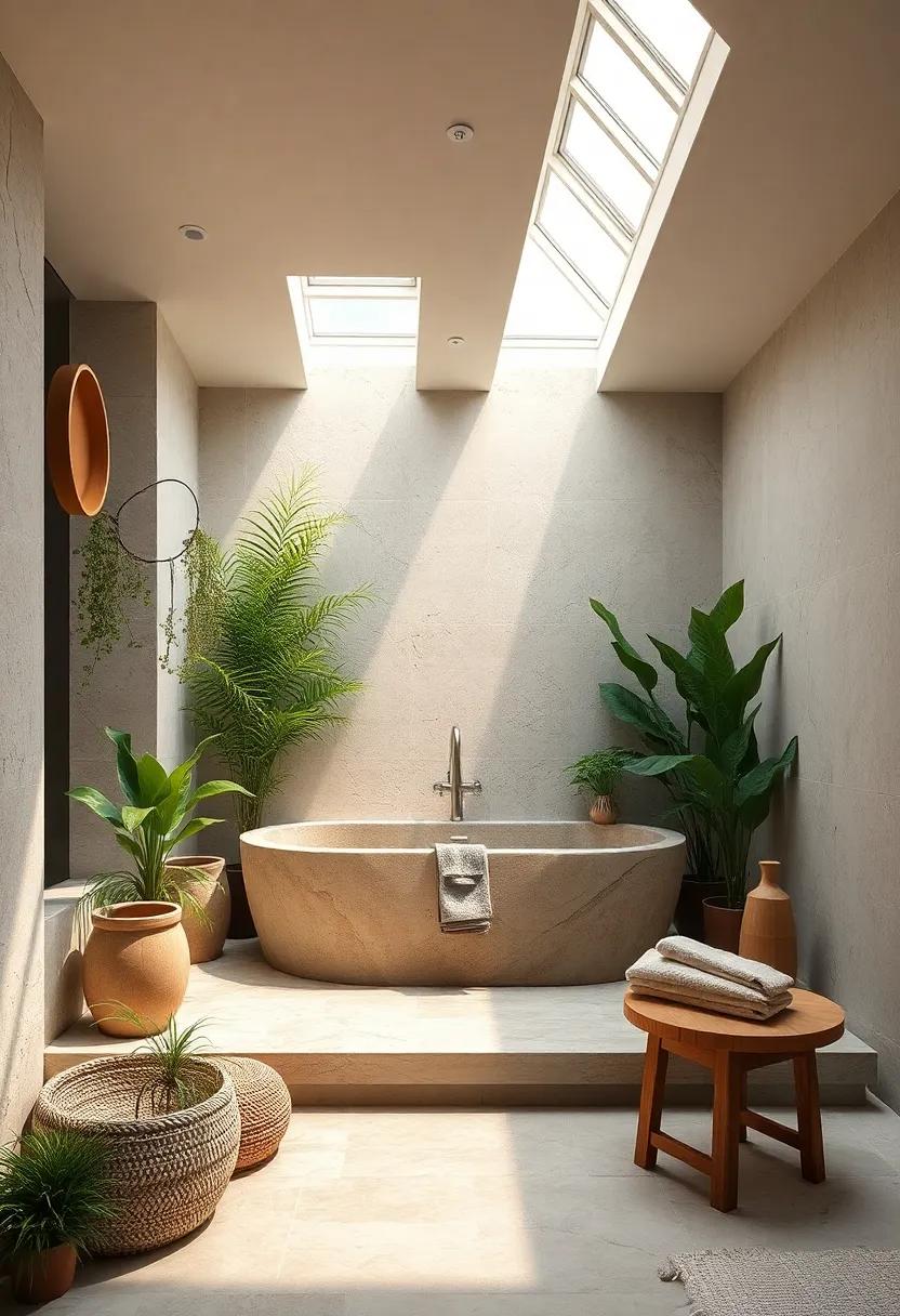 Natural Stone Bathtub Surrounded by Greenery and Warm Light Filtering Through Skylights