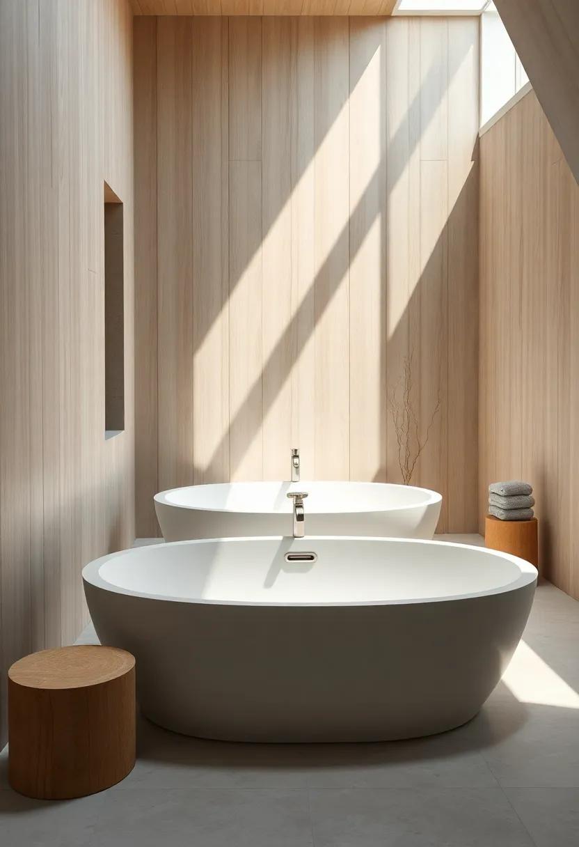 Curved Minimalist Bathtubs Surrounded by Light Timber Panels and Sunbeams Creating Warmth