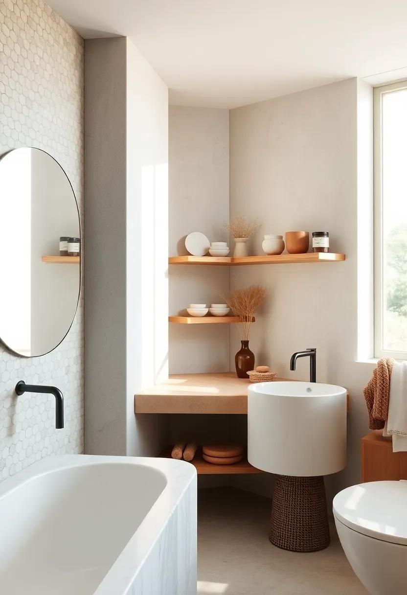 Tranquil Bathroom Space Featuring Flowing White Curtains and Gentle Sunbeams at Dawn