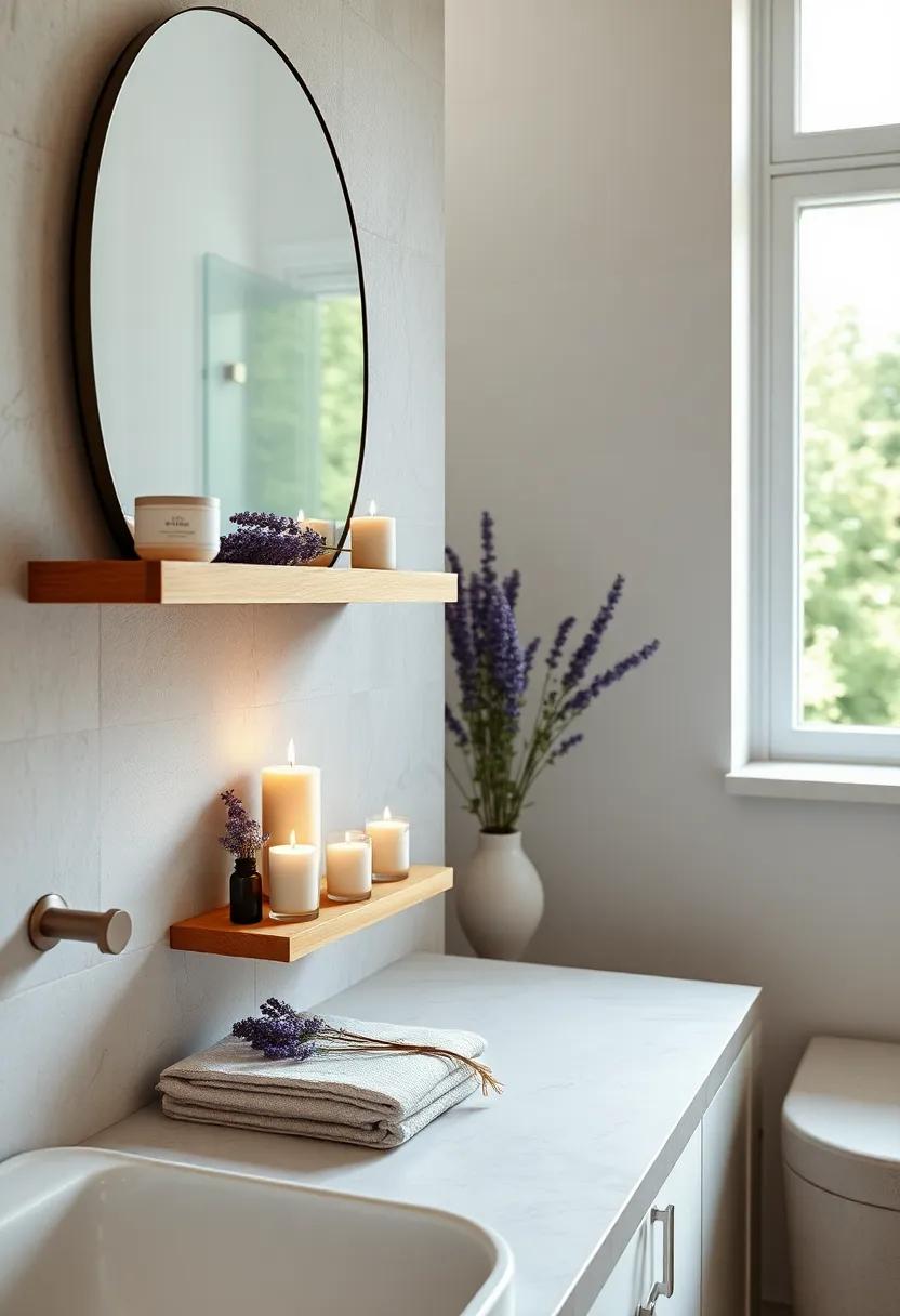 Lavender-Scented Candles Arranged on Natural Wood Shelves Near Sunlit Bathroom Window