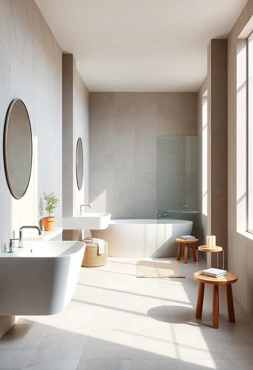 Sleek White Porcelain Fixtures Paired with Natural Stone Floors Bathed in Tranquil Light