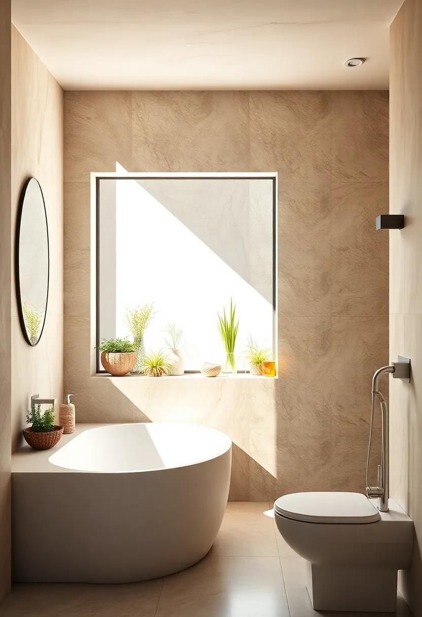 Zen-inspired Bathrooms Featuring Minimalist Fixtures and Sunlit Window Ledges with Herbs
