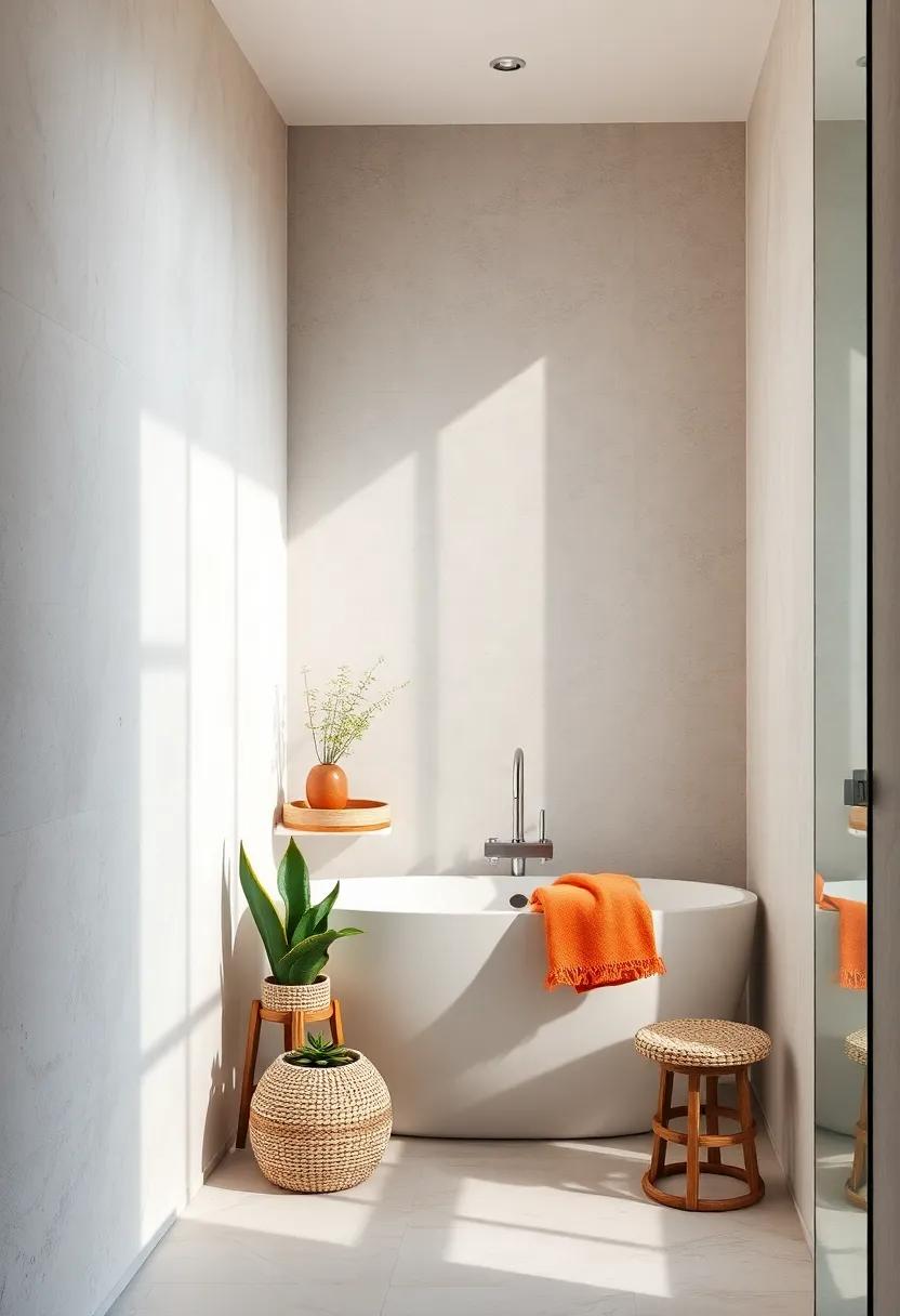 Bright Bathroom Corners Showcasing Subtle Textured Walls and Potted Plants Under Sun Rays