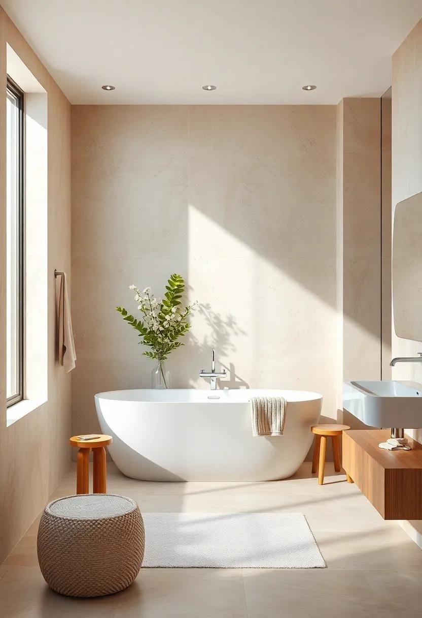 Subtle Beige Walls and Clear Glass Details in a Bathroom Filled with Light and Open Space
