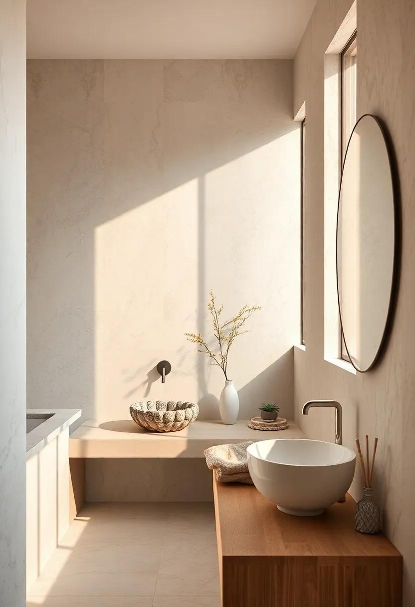 Bathroom Corners Highlighting Decorative Pebble Basins Under Golden Sunlight Reflection