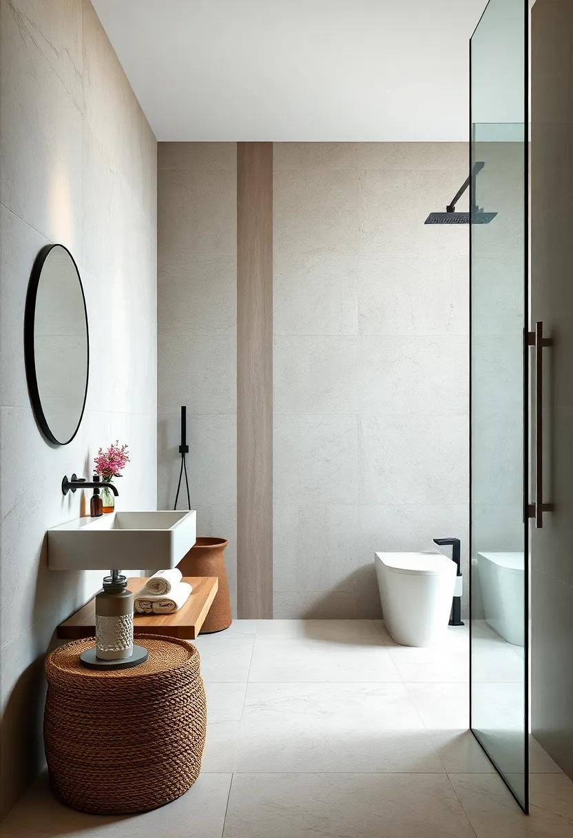 Bold Contrast in Materials Using Warm Wood Tones Against Crisp Tiles to Elevate Minimalist Aesthetics