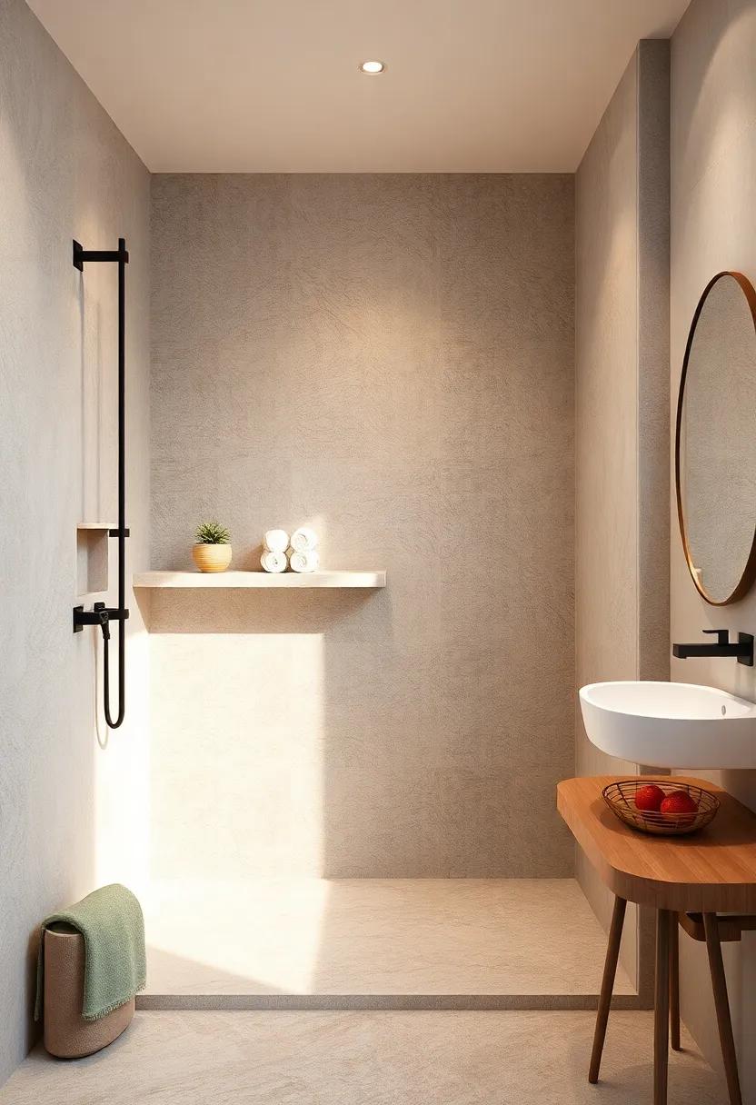 Floating Shelves Carved from Natural Stone Blending Into a Quiet and Serene Shower Niche