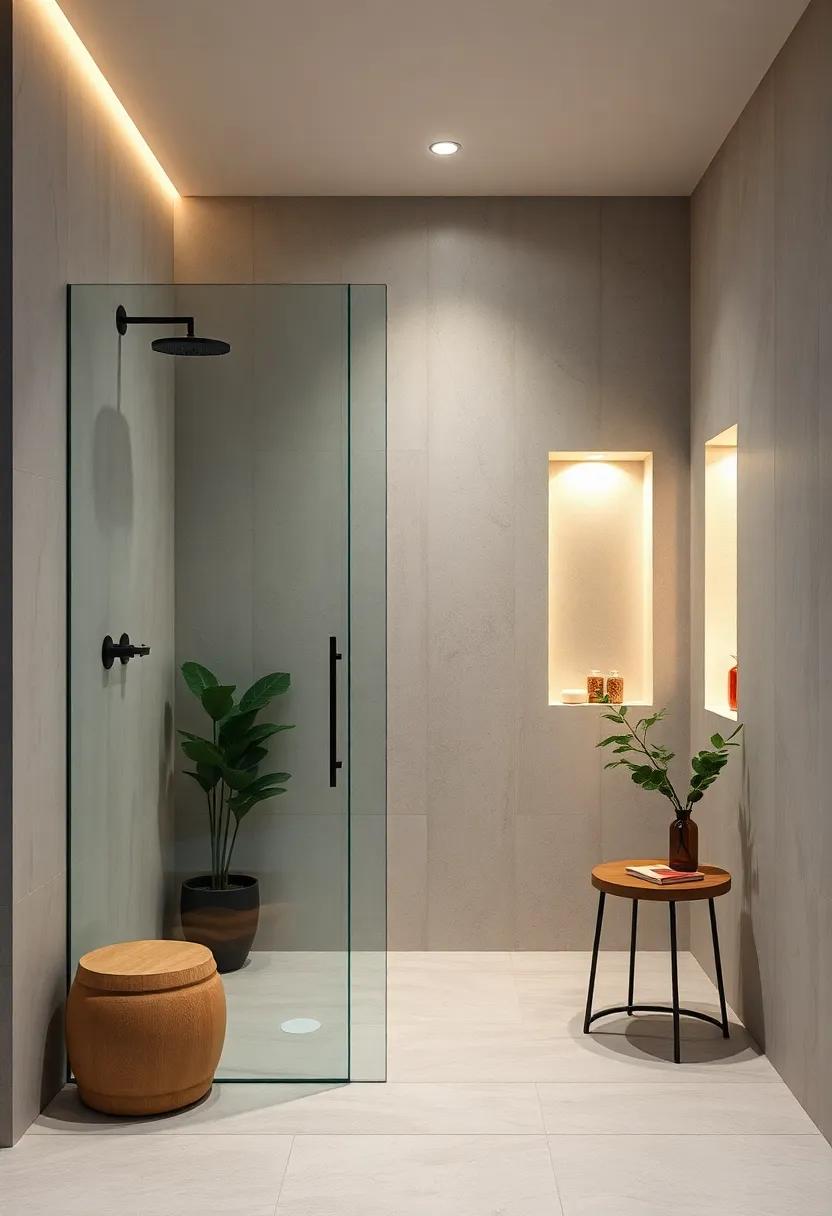 Integrated LED Lighting Embedded in Recessed Niches Adding Ambient Glow to a Minimalist Shower Space