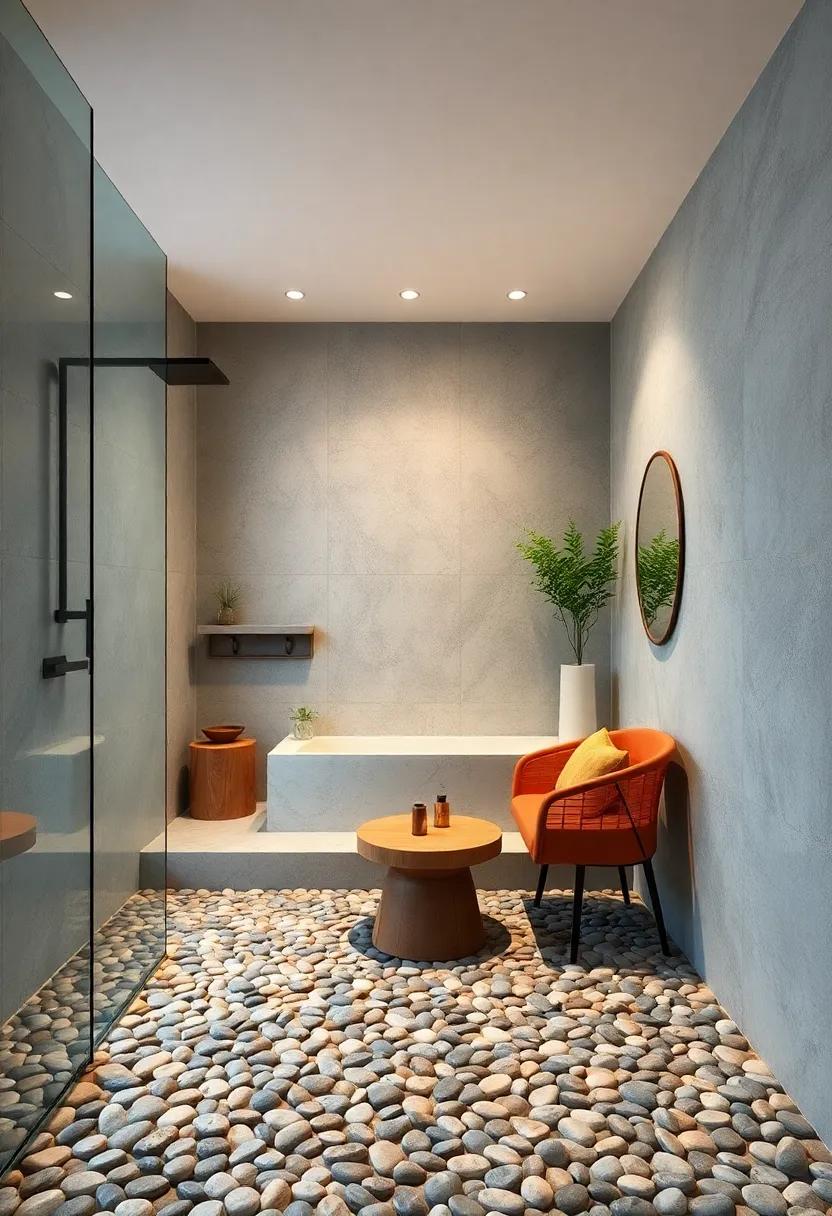 Natural Pebble Flooring Paired with Large Format Tiles to Bring Organic Texture into a Minimalist Shower