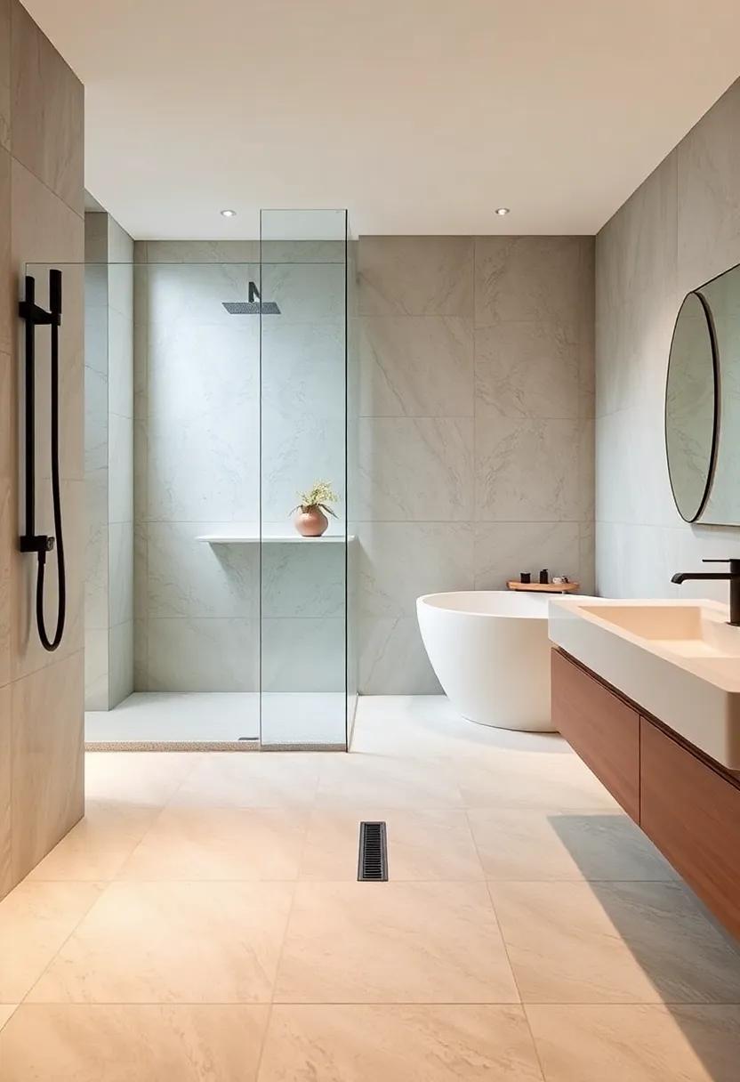 Simple Linear Drains Incorporated Elegantly to Preserve the Minimalist Flow of the Shower Floor