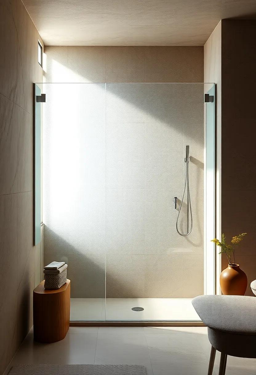 Soft Natural Light Filtering Through Frosted Glass to Highlight Sleek Shower Fixtures and Open Space
