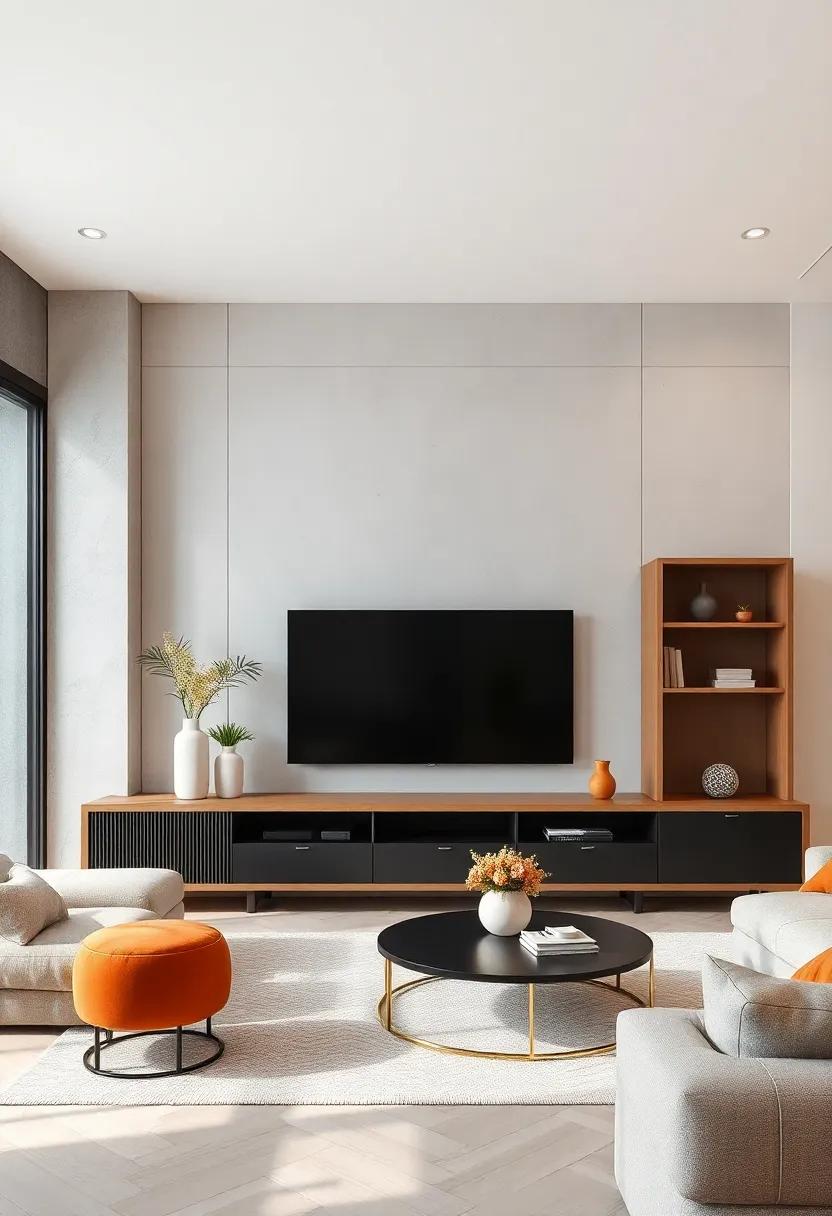 Neutral Backdrops Paired with Minimalist Units for a Serene and Balanced Living Room Ambiance