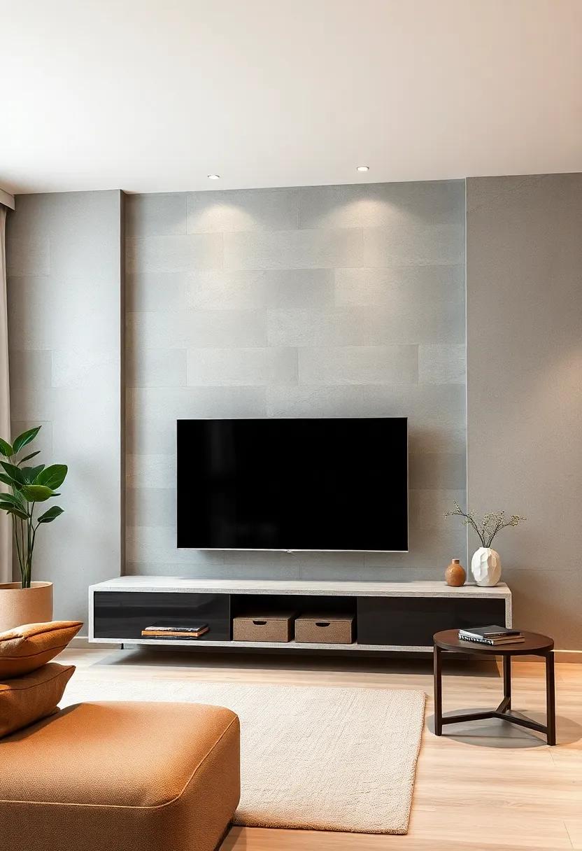 Low Profile Floating TV Units Emphasizing Clean Surfaces and Open Floor Spaces