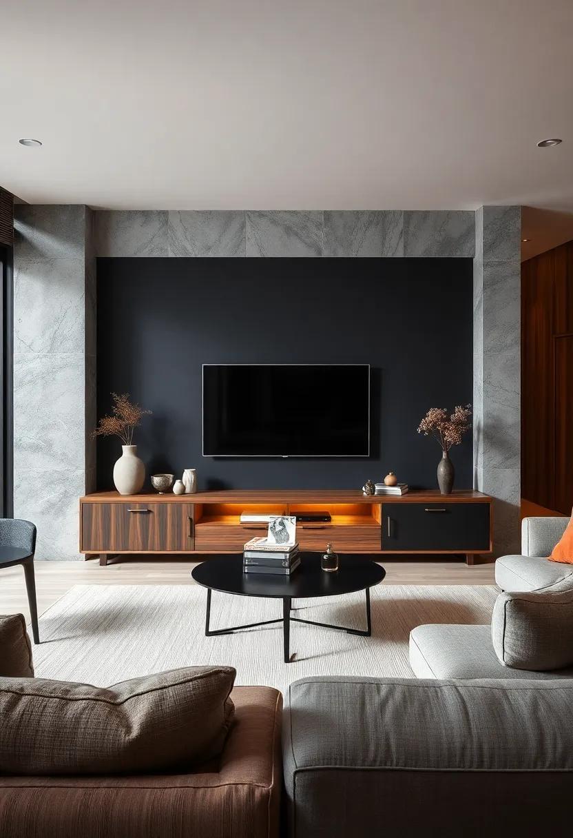 Matte Black and Warm Wood Combinations Creating Sophisticated Minimalist TV Displays