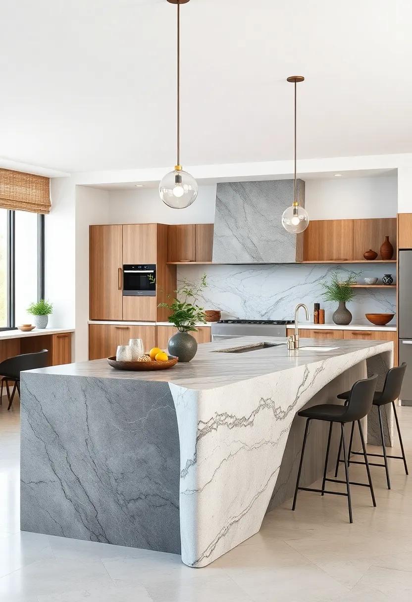 Sculptural Stone Countertops That Define The Identity Of Modern Kitchen Islands With Elegant Patterns