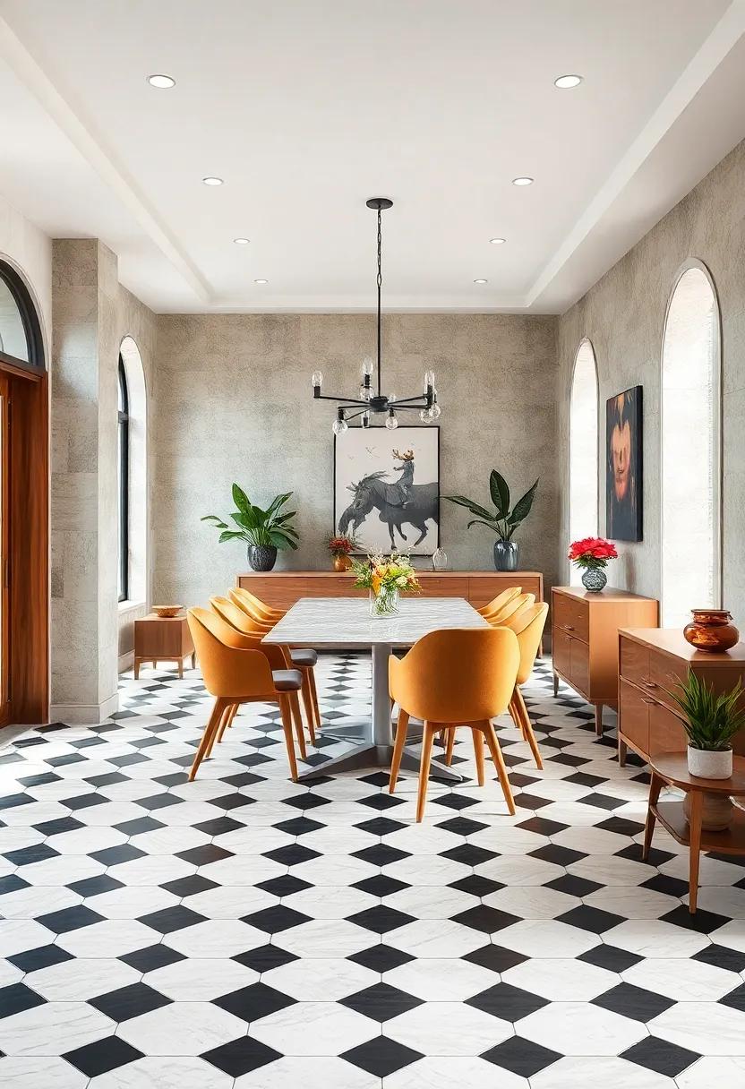 Balance Modern and Vintage by Pairing Checkerboard Black and White Tiles with Mid-Century Dining Chairs