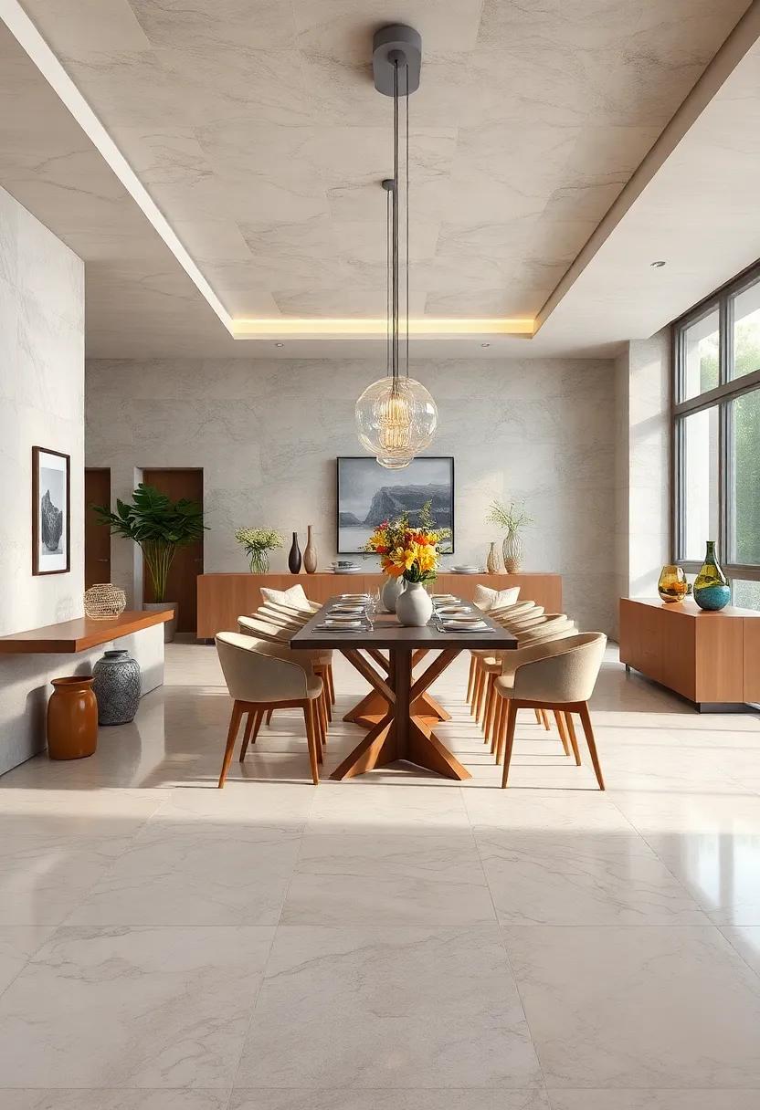 Transform Your Dining Area with Large Format Marble Effect Tiles Offering Luxurious Texture and Seamless Flow