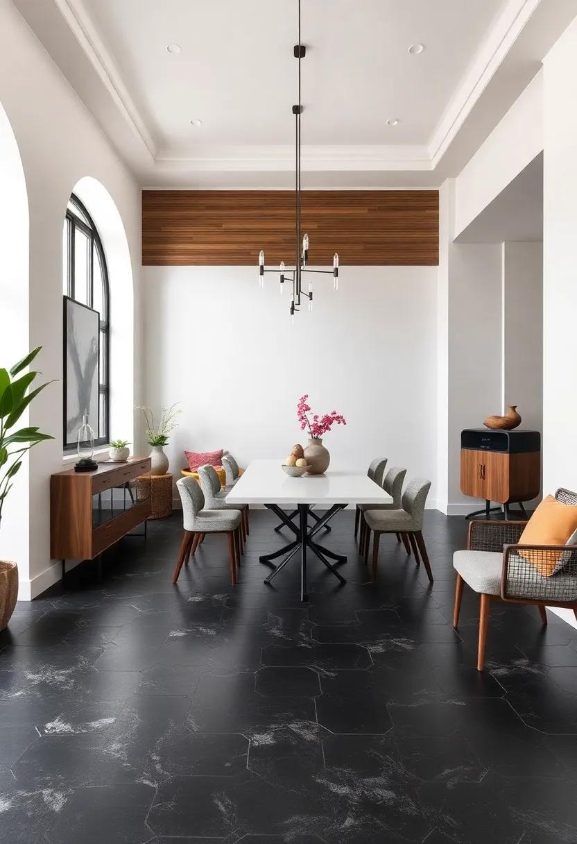 Design a Contemporary Dining Room Floor with Sleek Black Hexagonal Tiles Contrasted Against White Walls