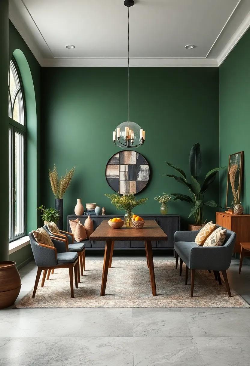Deep Forest Green Walls Surrounded By Earthy Accents and Botanical Details for an Immersive Natural Vibe