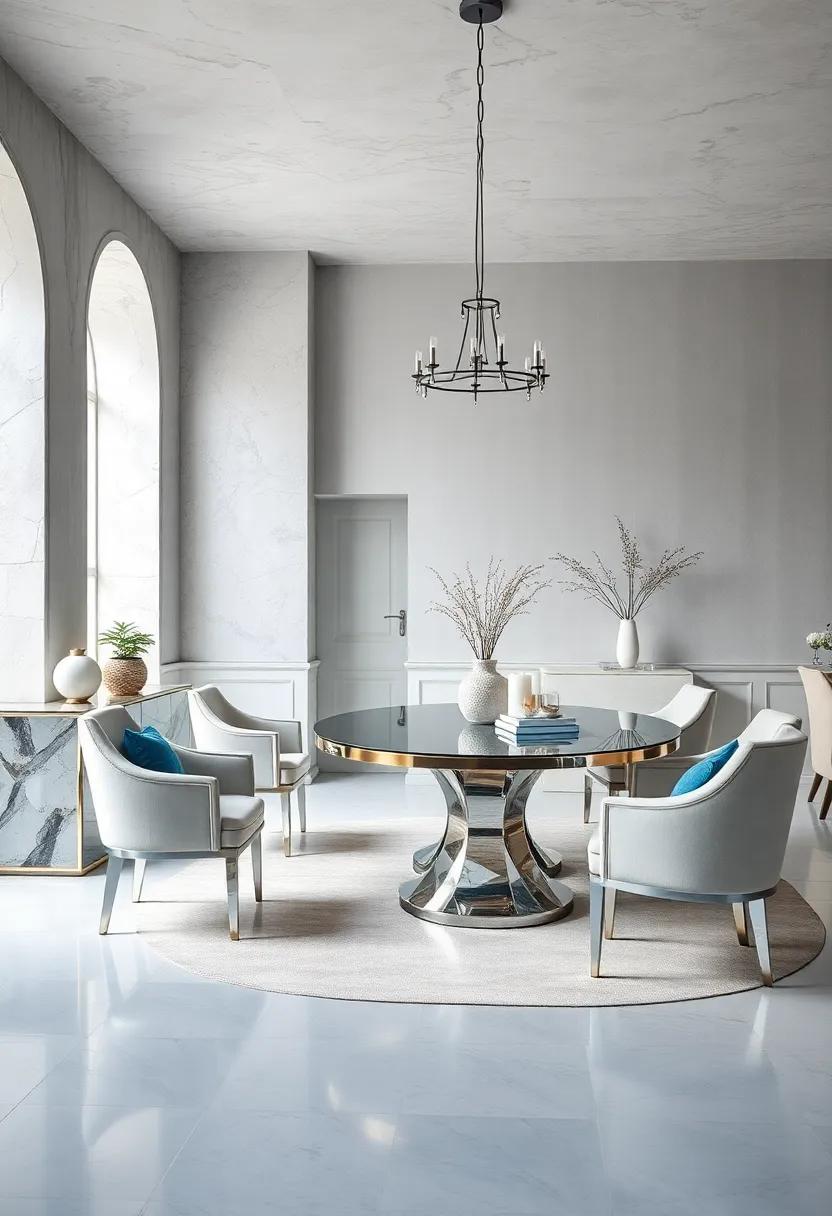 Icy Blue and Soft Gray Palettes Enhanced by Mirrored Furniture for a Calm and Reflective Dining Room