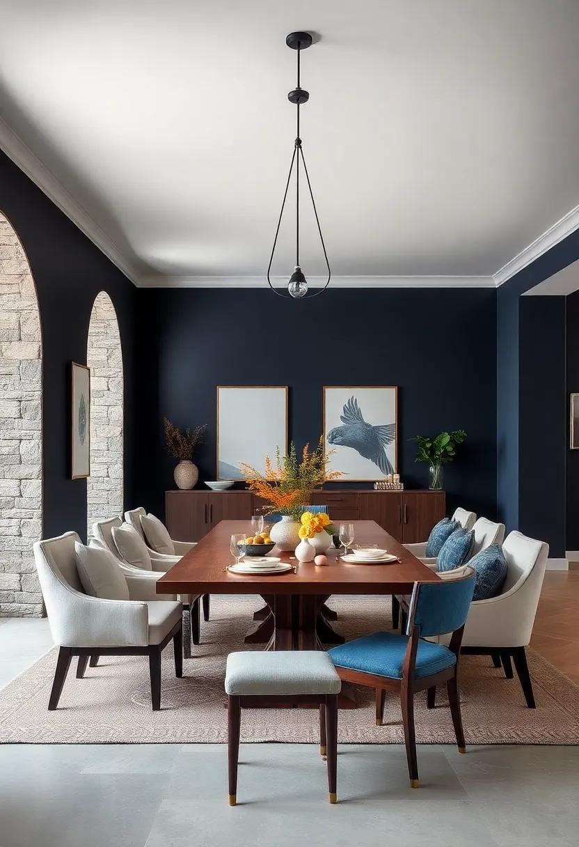 Moody Navy Blue Walls Paired With Crisp Linen Upholstery for a Balanced Dining Room With Depth and Airiness