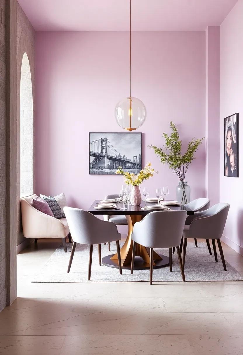 Pale Lavender and Lilac Colorways Complemented by Glass and Metallic Elements for a Delicate, Dreamy Dining Space