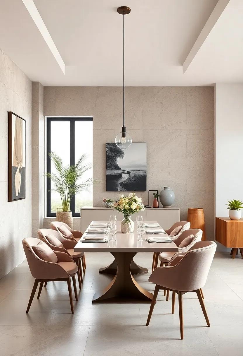 Soft Blush and Rose Hues Infuse Serenity and Elegance Into a Contemporary Monochrome Dining Area