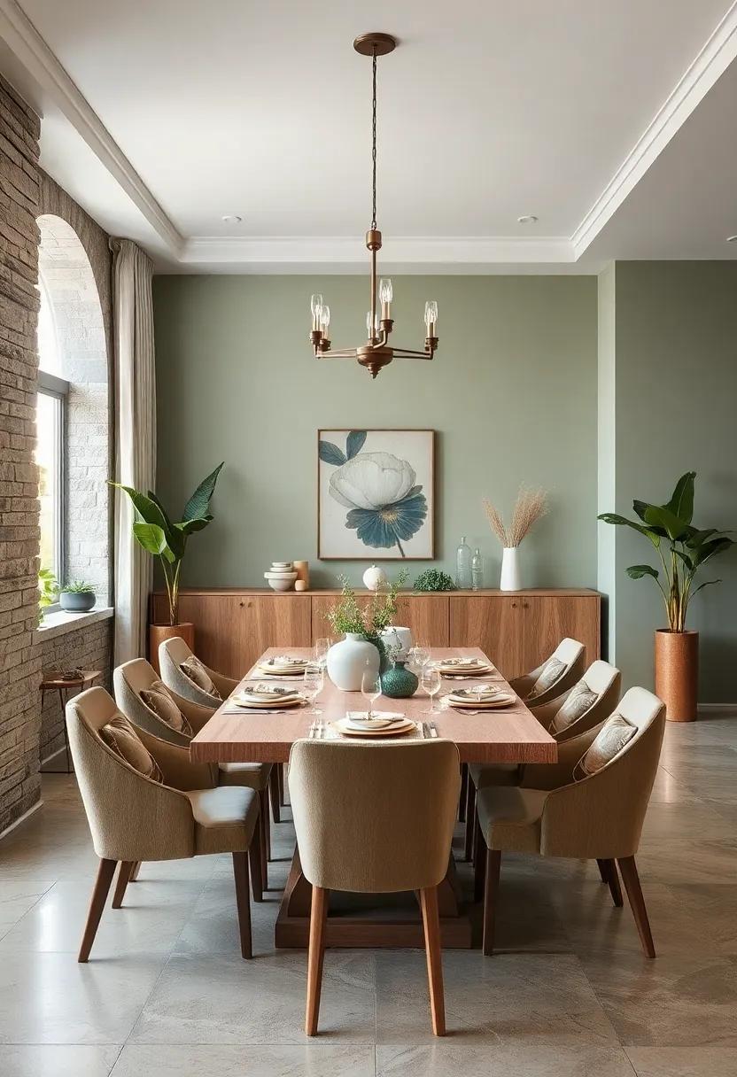 Subtle Sage Green Palettes Combine Botanical Prints and Organic Materials to Enhance a Tranquil Dining Setting