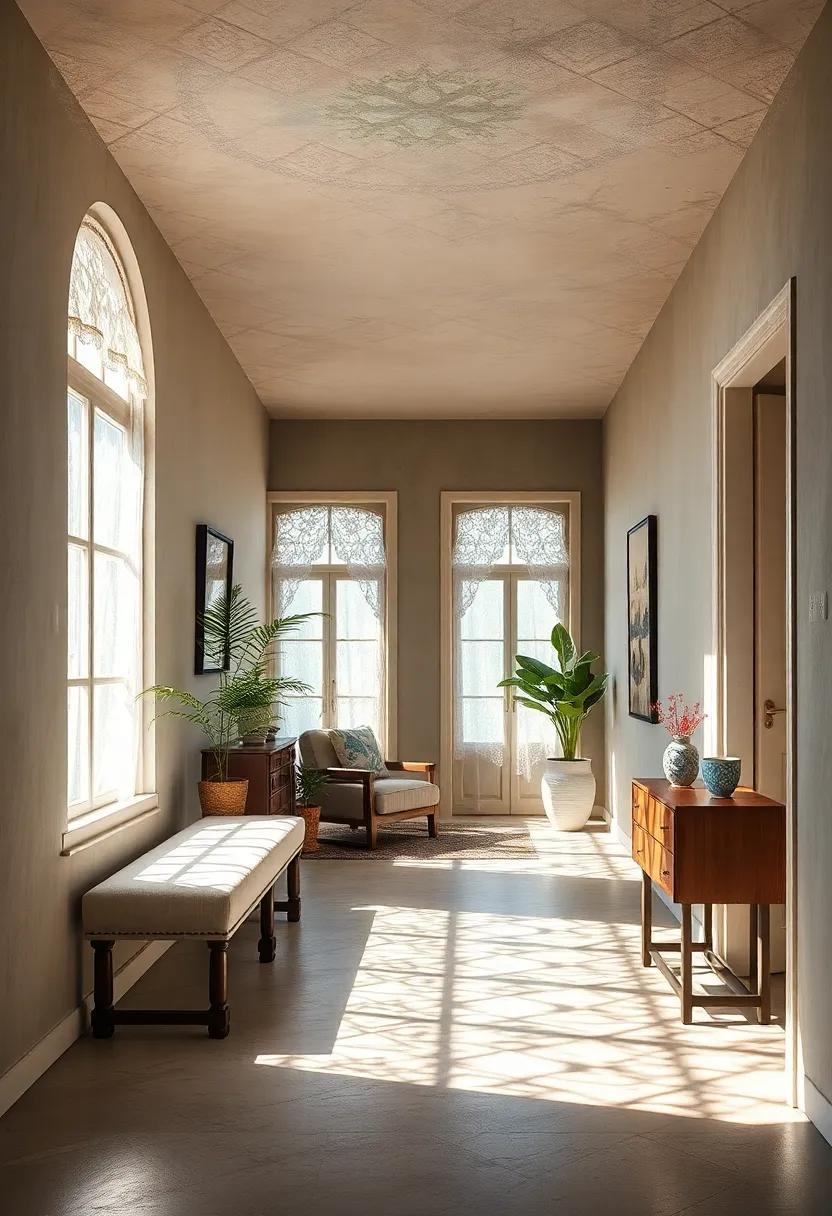 Delicate Lace Window Coverings Casting Intricate Sun Patterns Across Vintage Hallway Floors