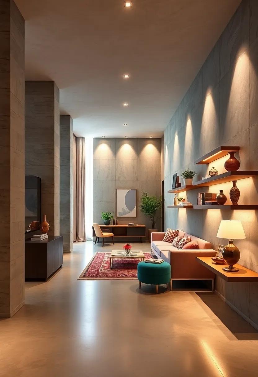 Floating Shelves Reflecting Ambient Light to Brighten Displayed Objects and Pathways