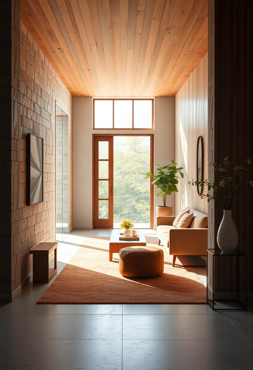 Warm Wood Tones Radiating Soft Glow as Sunlight Filters Through Open Hallway Doors