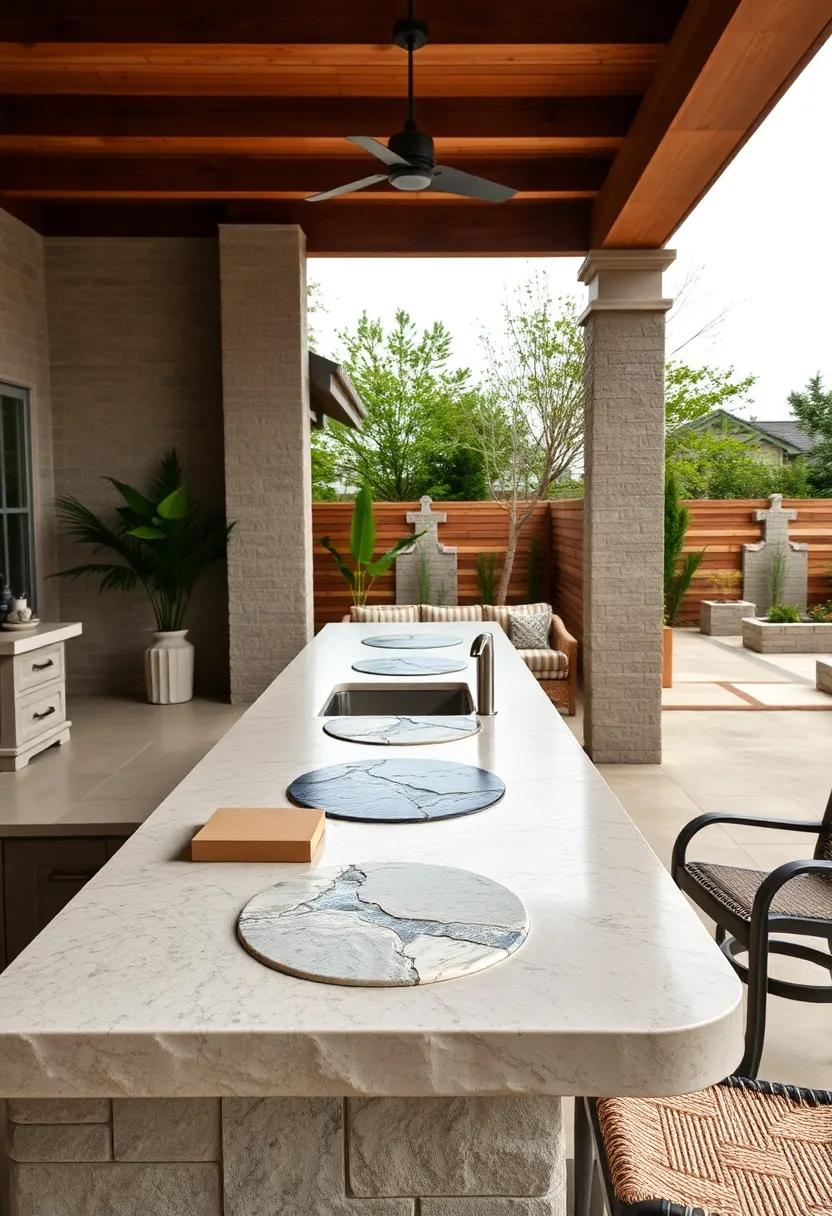 Carved Stone Inlays Bringing Unique Artistic Details to Outdoor Kitchen Countertops