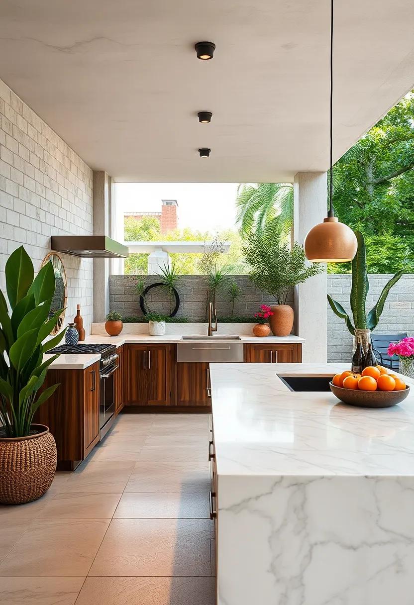 Elegant Marble Slabs Creating Sophisticated and Practical Outdoor Kitchen Counter Surfaces