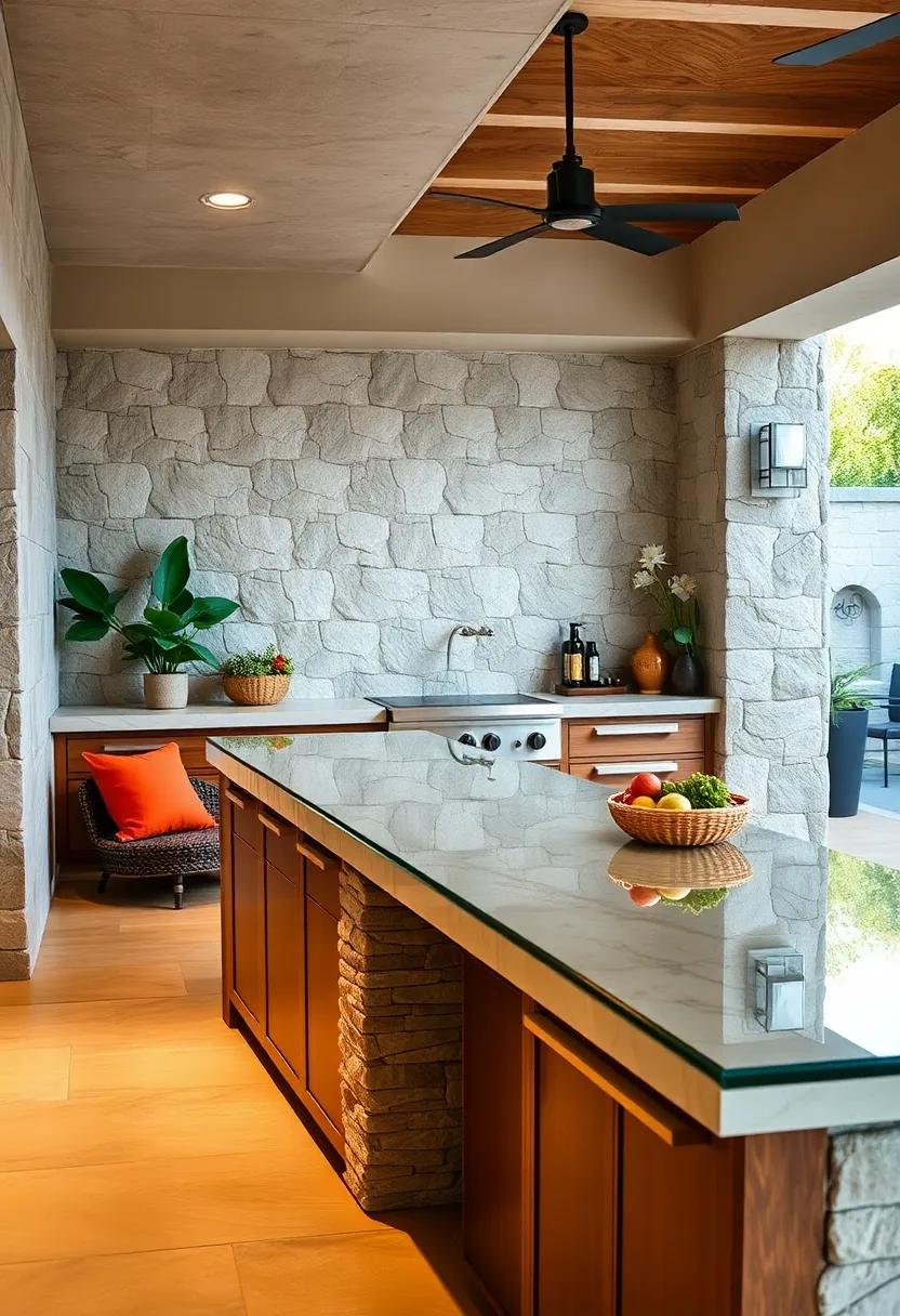 Glass-Topped Counters Reflecting Light and Adding a Sleek, Contemporary Touch to Outdoor Kitchens