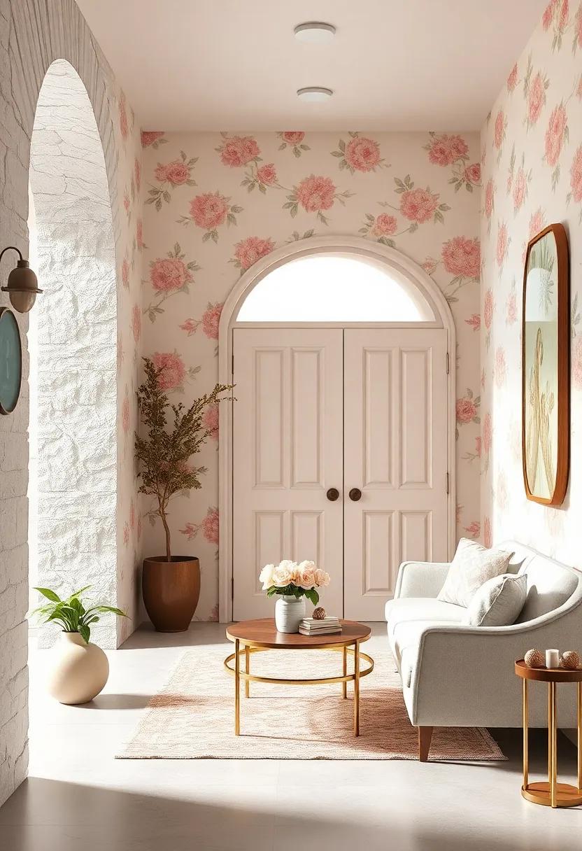 Delicate Floral Patterns Enhancing Soft Pastel Walls and Vintage Door Frames