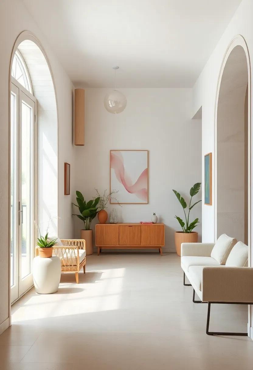 Light Vanilla Door Frames Embellished with Subtle Pastel Wall Art and Natural Light