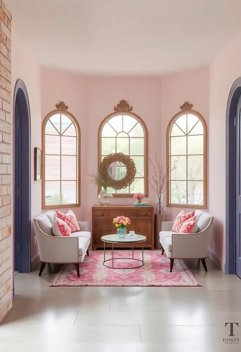 Misty Rose Entryway with Vintage Mirrors and Complementary Pastel-Dyed Textiles