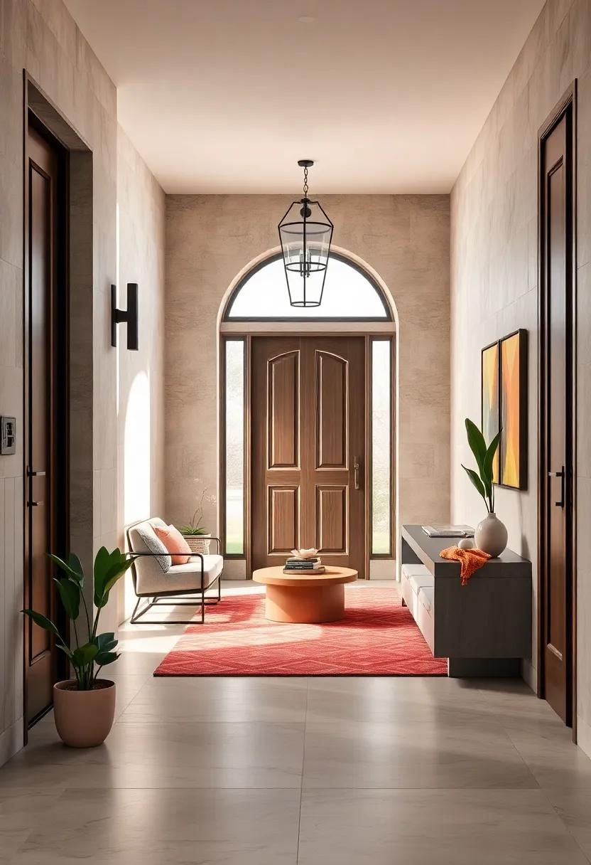 Muted Coral Entry Plates and Door Knockers Adding Subtle Artistic Flair to the Space