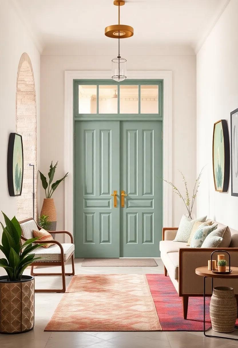 Muted Mint Green Doors Paired with Ivory Walls and Warm Brass Hardware