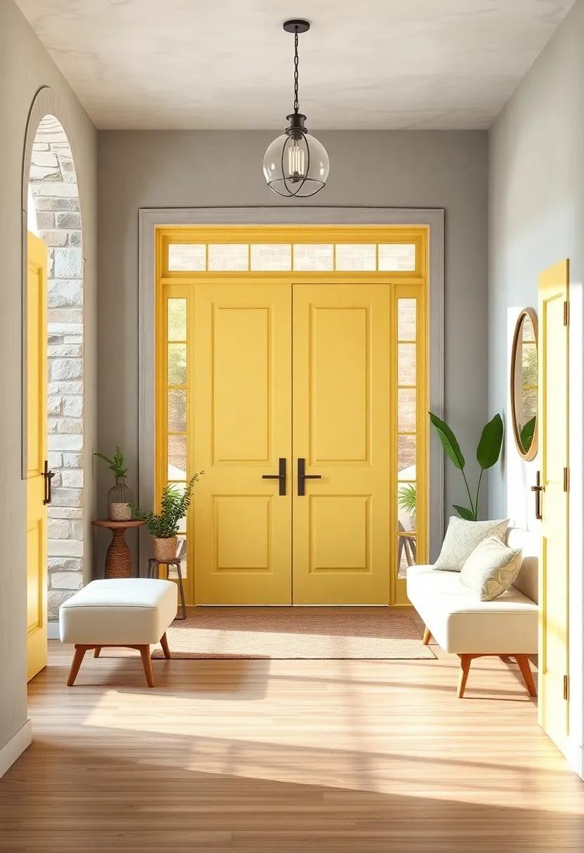 Pastel Yellow Doors Surrounded by Pale Gray Walls and Simple Wooden Floors