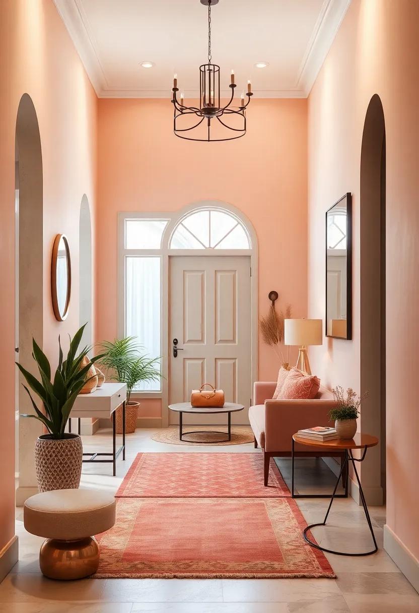 Peach Tones Illuminated by Soft Lighting in a Small Inviting Entry Hall
