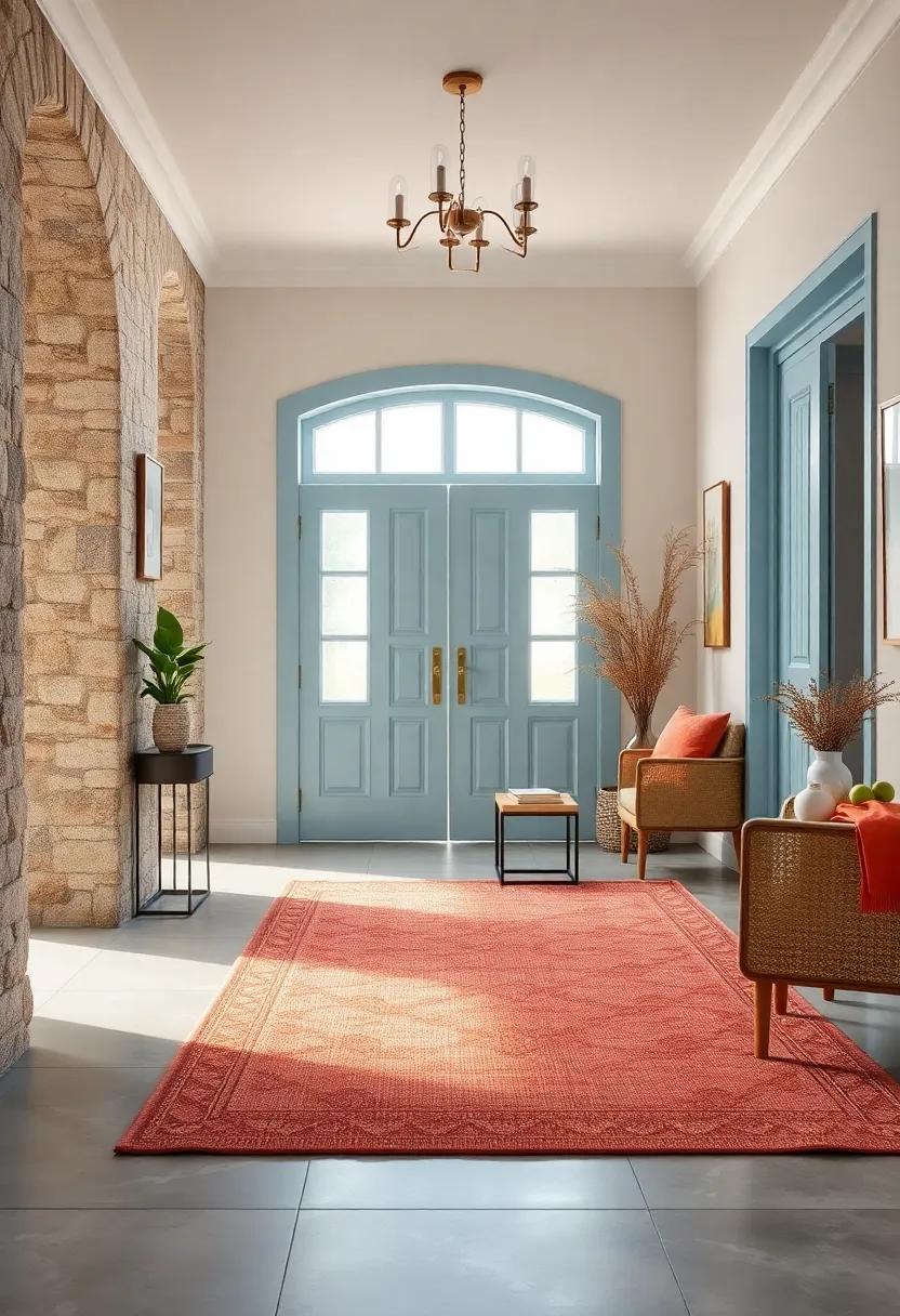 Powder Blue Doors Contrasted with Warm Natural Fibers and Pastel Rugs