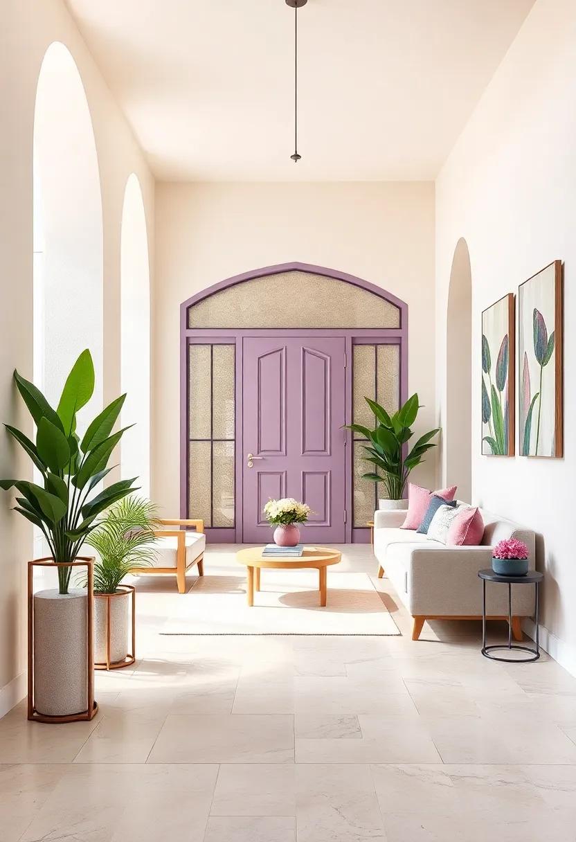 Soft Lavender Accents Combined with Cream Walls and Minimalist Plant Stands