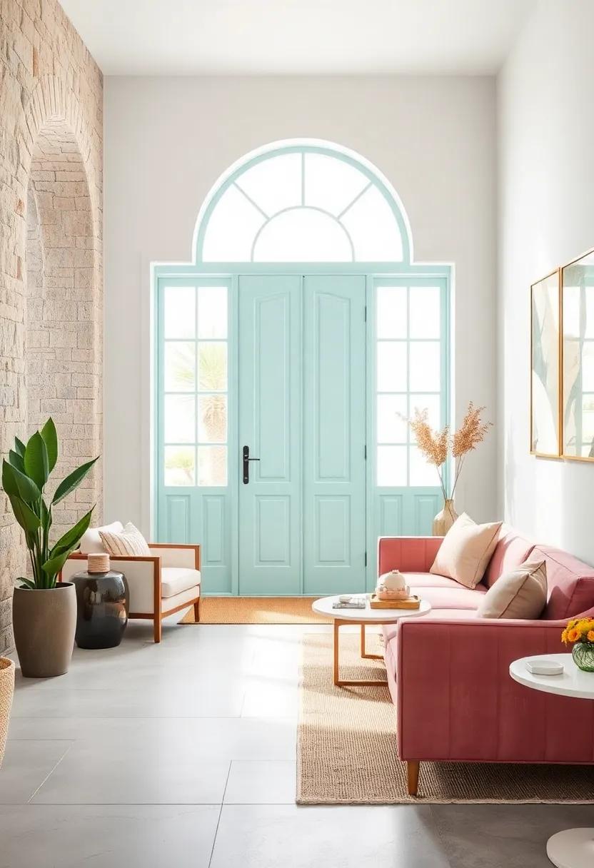 Soft Turquoise Entry Doors Juxtaposed with Crisp White Walls and Organic Textures