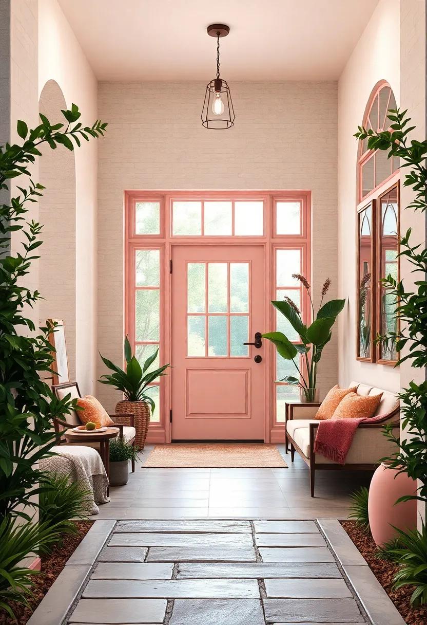 Subtle Pink and Coral Entry Door Designs Framed by Lush Greenery and Stone Paths