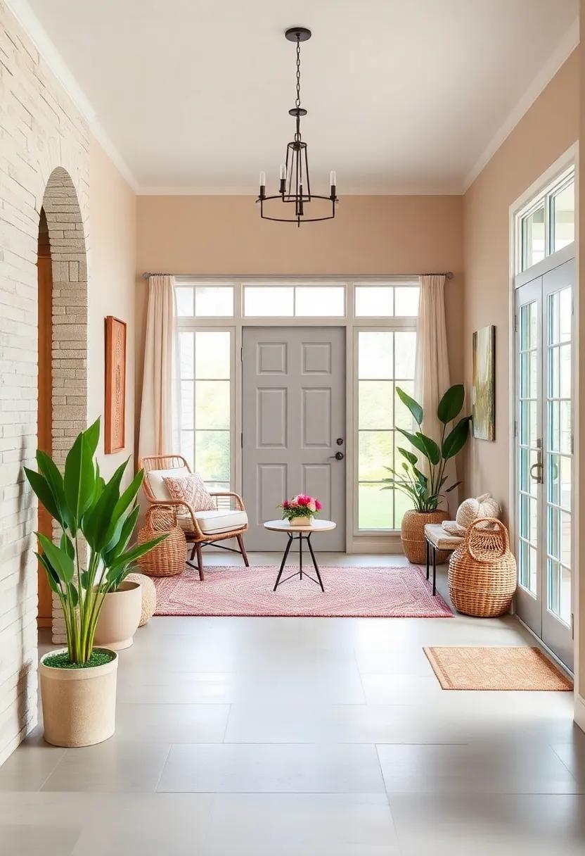 Warm Sand and Blush Entry Nooks Featuring Woven Baskets and Soft Area Rugs