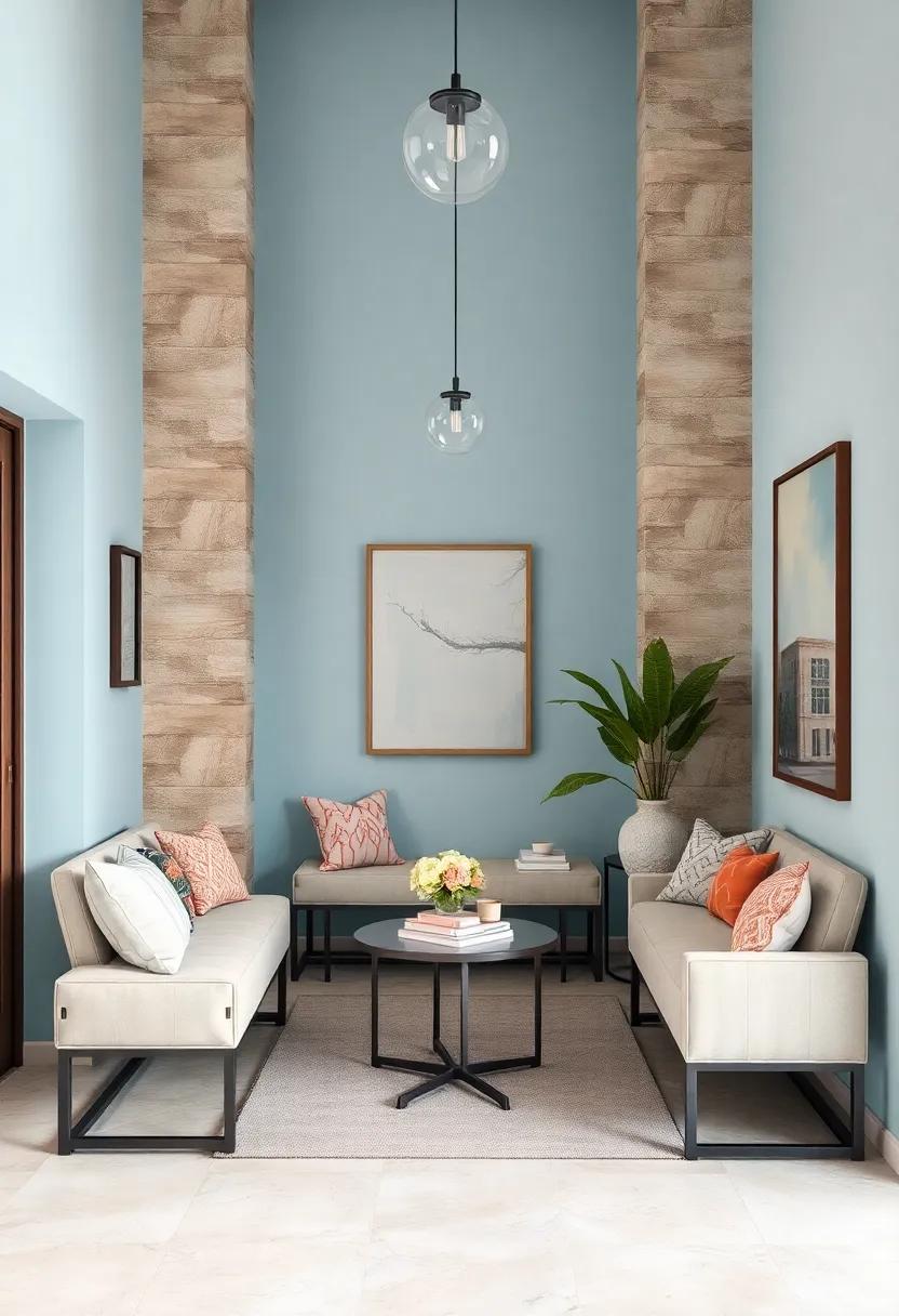 Whispering Sky Blue Entry Walls Paired with Neutral Benches and Pastel Art Pieces