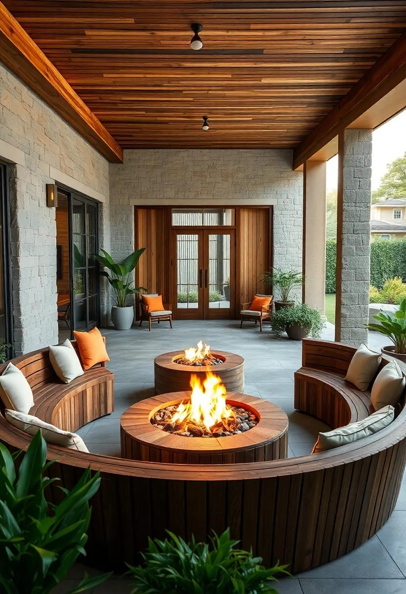 Curved Wooden Benches Embracing Circular Fire Pits in Cozy Gathering Spots